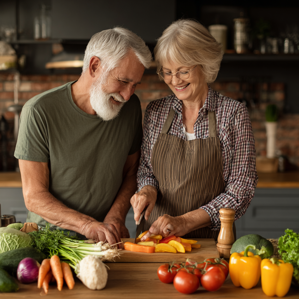 Happy mature couple enjoying healthy meal preparation at home