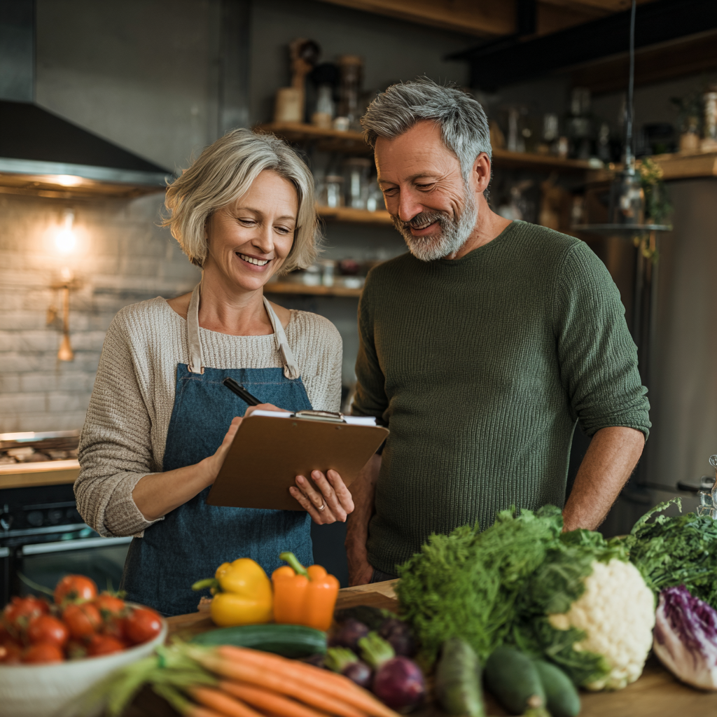 Middle-aged woman and man planning healthy meals together in modern kitchen